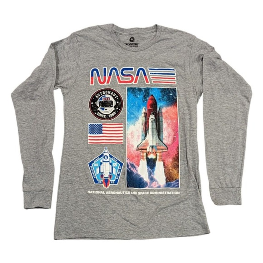 NASA Rocket Ship Mens Akademiks Graphic Long Sleeve T-Shirt‎ Gray Medium